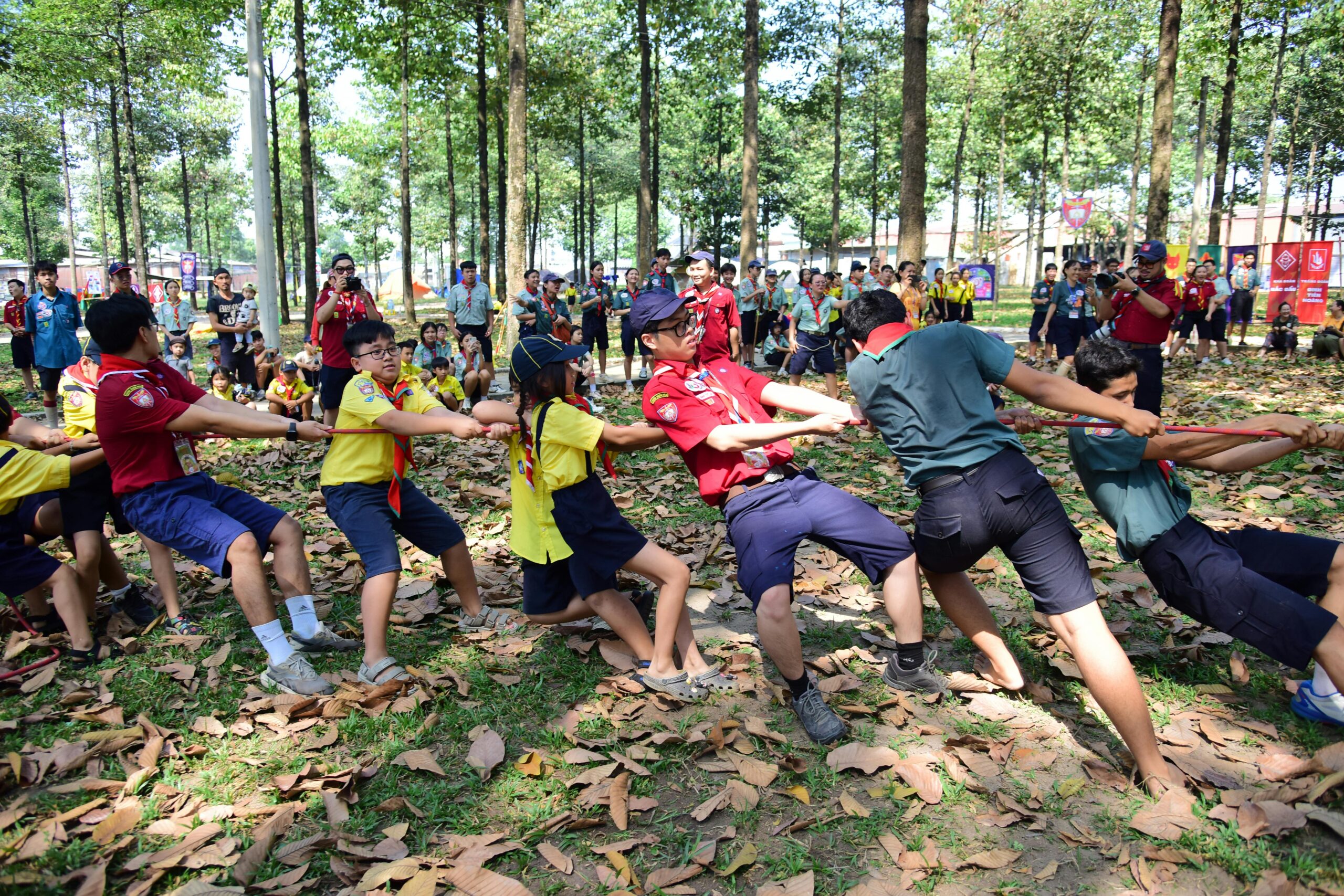 Boy Scouts engaged in a lively tug-of-war competition during a forest camp meeting.