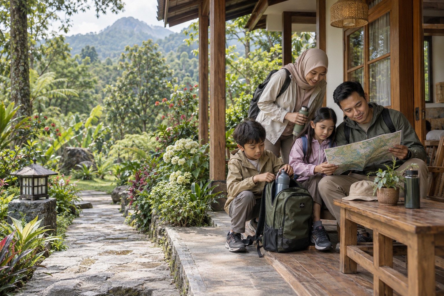 Keluarga menyiapkan perjalanan dari cottage menuju Kaliurang Park