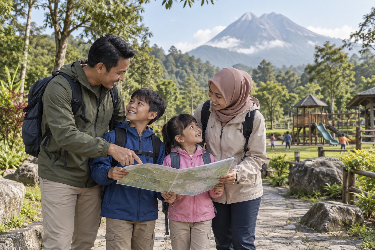Keluarga dengan dua anak membaca peta di taman hijau kawasan Kaliurang