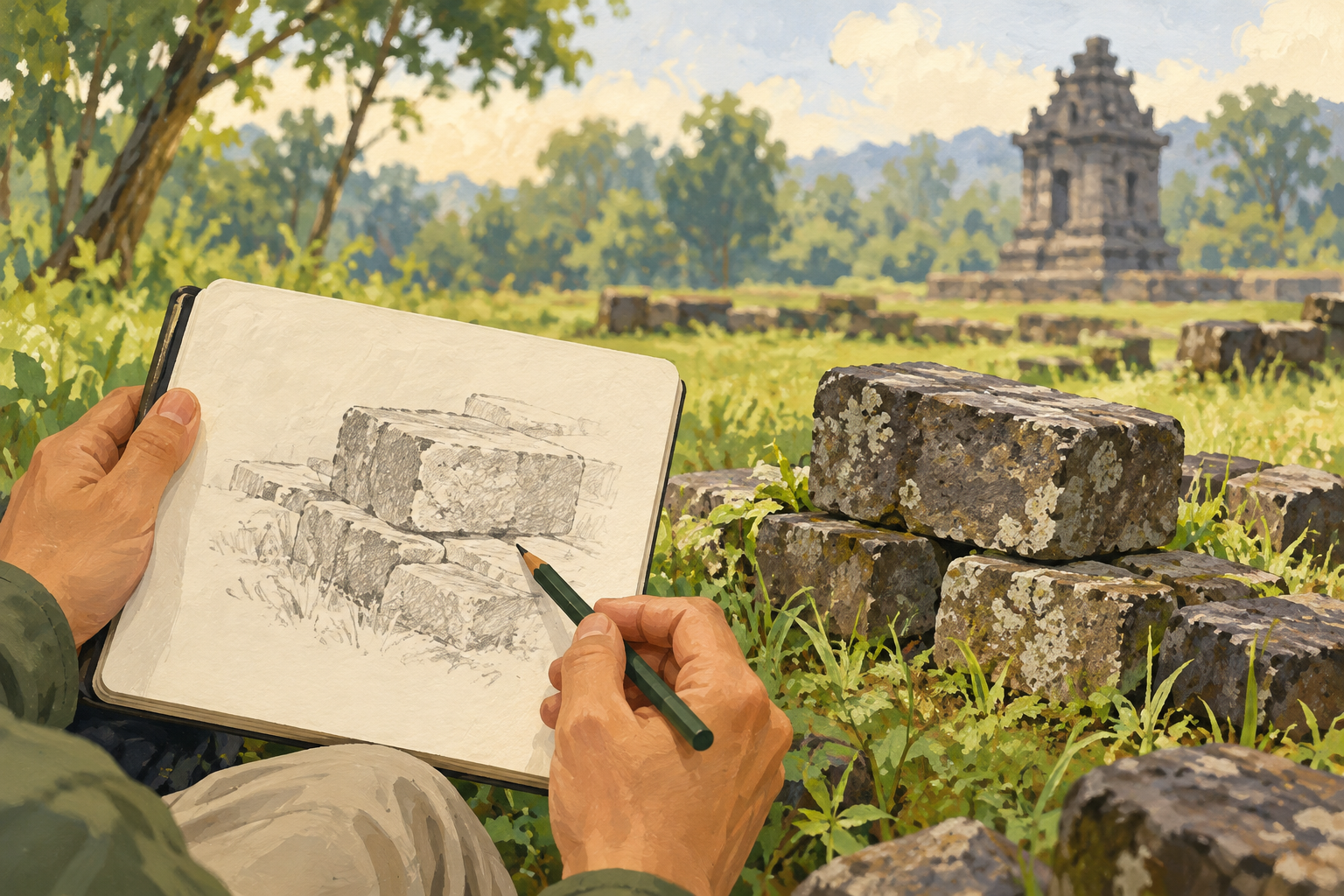 Ilustrasi konseptual pengunjung menggambar susunan batu pada buku catatan dengan situs rekaan di latar
