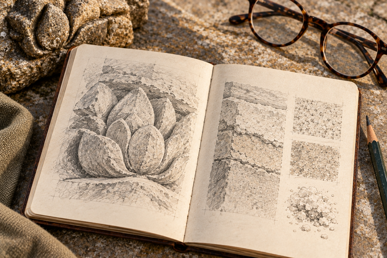 Ilustrasi fotorealistik buku sketsa detail relief dan lapisan permukaan batu, bukan foto Candi Kalasan.