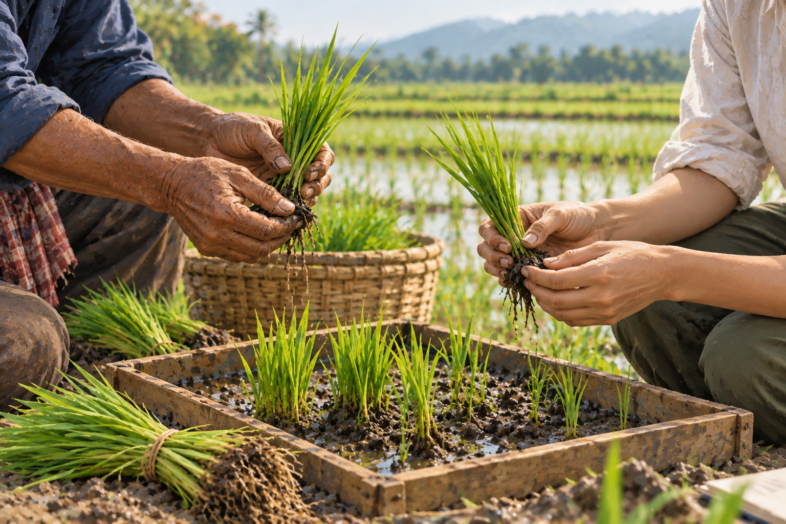 Ilustrasi fotorealistik tangan petani dan peserta memegang bibit padi untuk pembelajaran, bukan dokumentasi Gabugan.