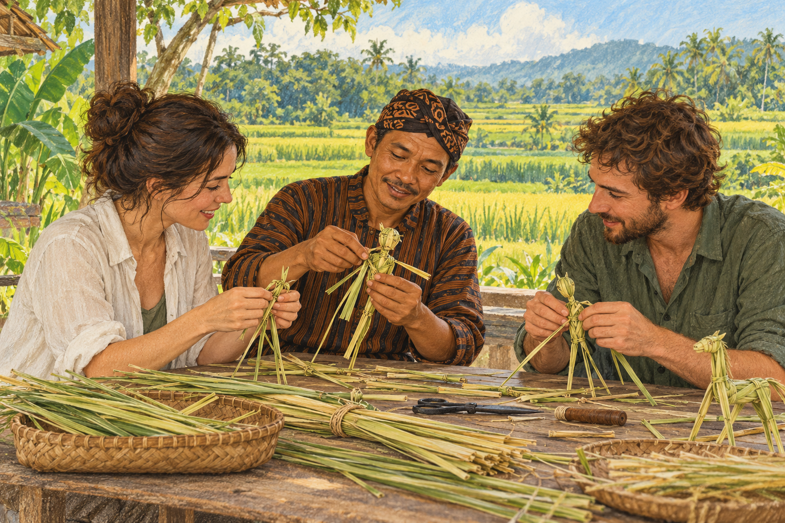 Ilustrasi konseptual fasilitator dan pengunjung membuat wayang rumput di meja kerajinan