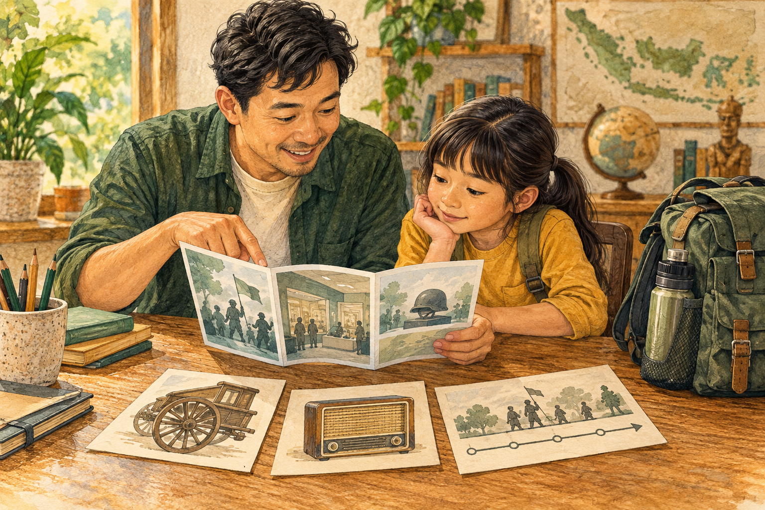Ilustrasi orang tua dan anak membaca bahan persiapan kunjungan museum sejarah