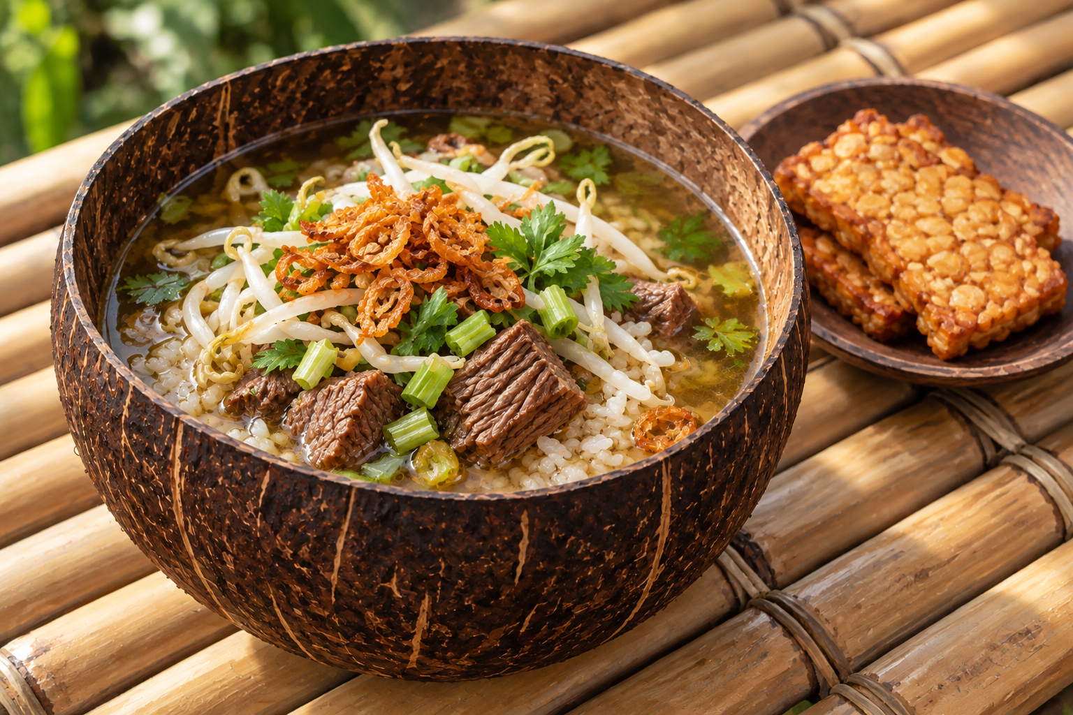 Ilustrasi fotorealistik soto daging dalam tempurung kelapa dengan tempe di meja bambu, bukan foto hidangan resmi.