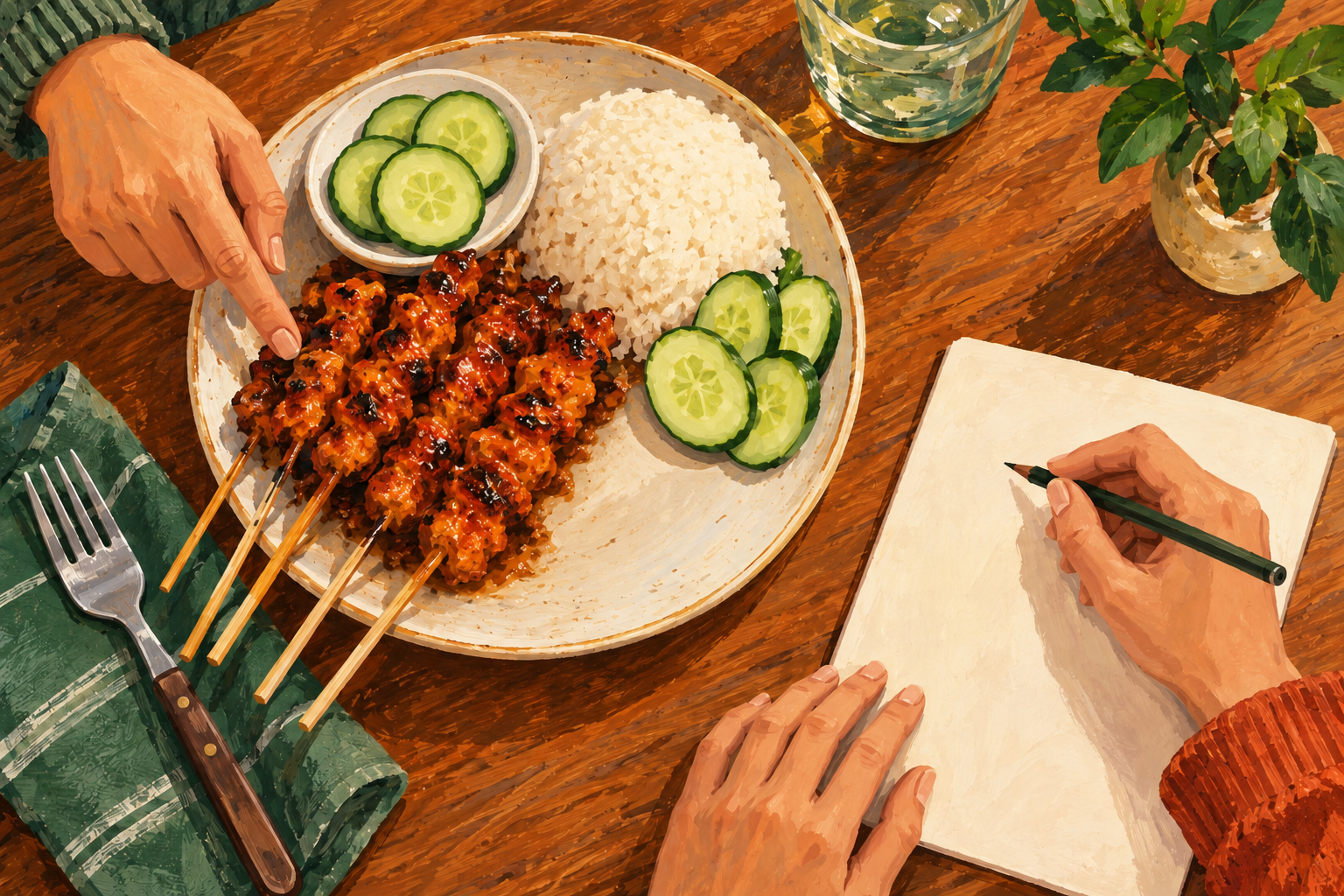 Ilustrasi konseptual sate ayam kemerahan, nasi, mentimun, dan catatan pesanan keluarga