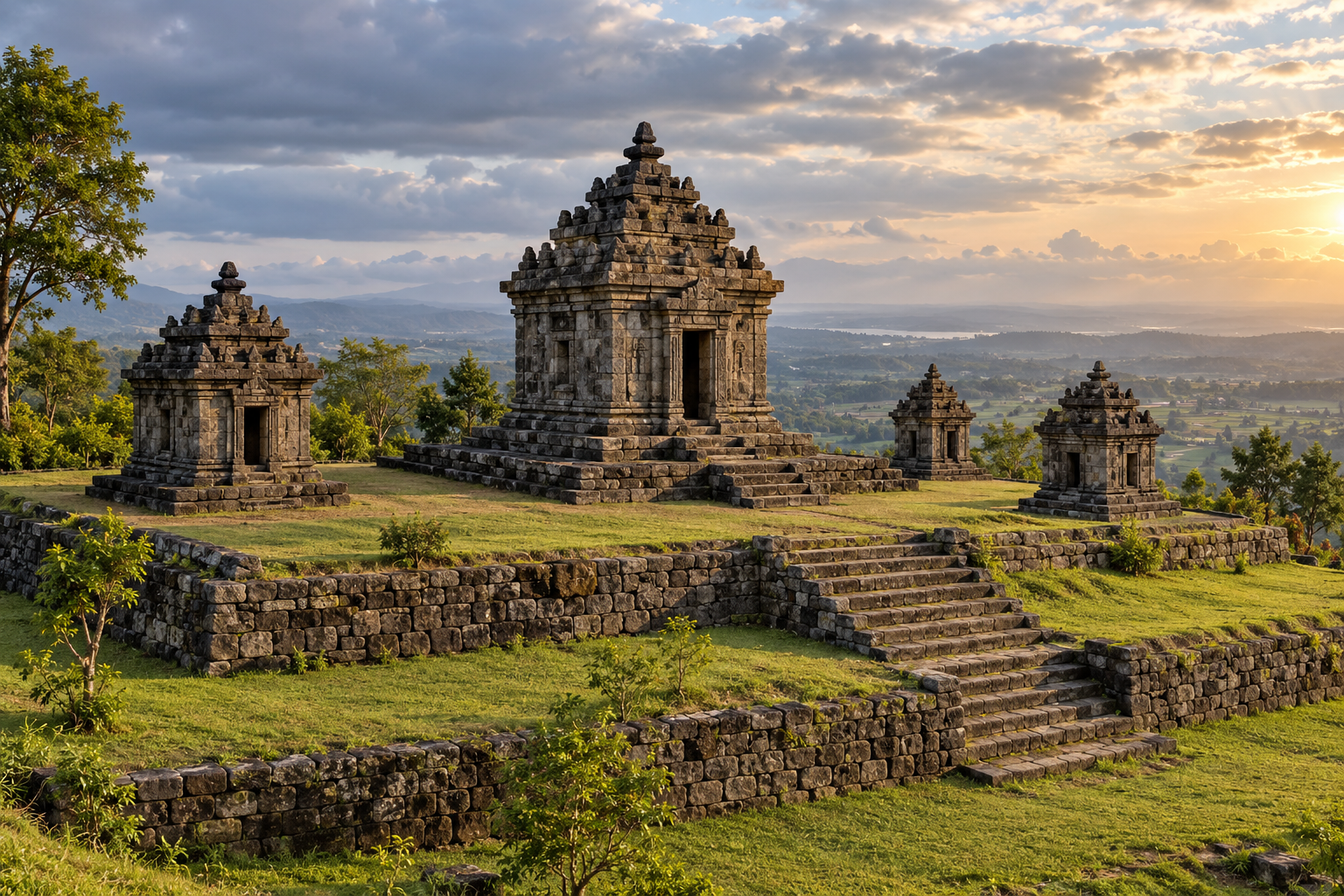 Ilustrasi AI candi batu di bukit berteras; bukan foto atau rekonstruksi terukur Candi Ijo.